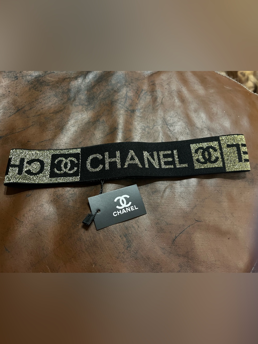 🧡 Double C Designer Metallic Gold Letter Logo Spell Out Stretch Headband